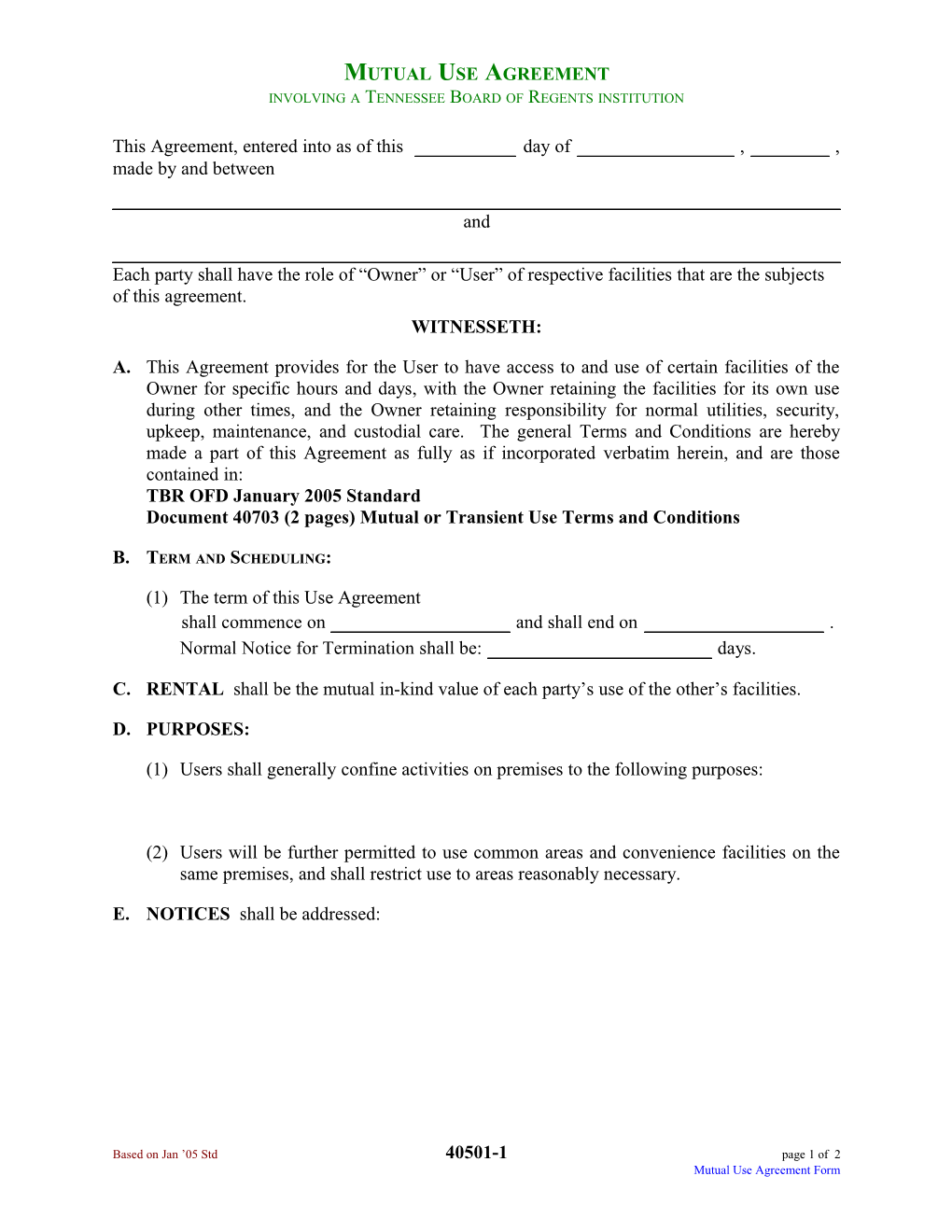 Mutual Use Agreement Involving a Tennessee Board of Regents Institution