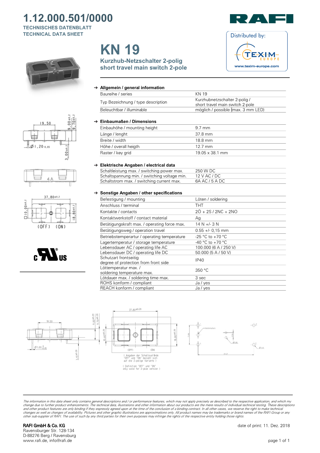 Kurzhub-Netzschalter 2-Polig Short Travel Main Switch 2-Pole