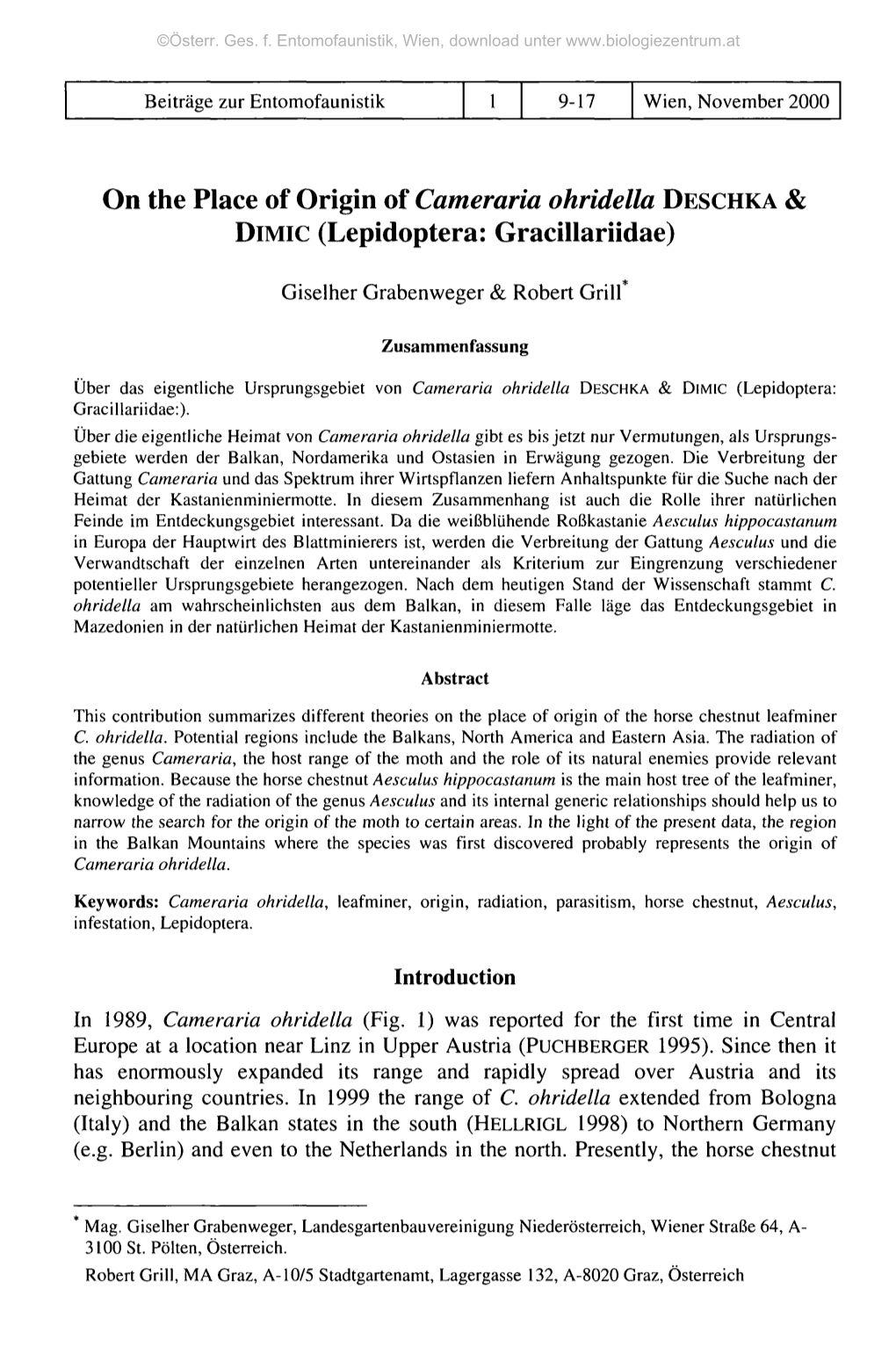 On the Place of Origin of Cameraria Ohridella DESCHKA & DIMIC