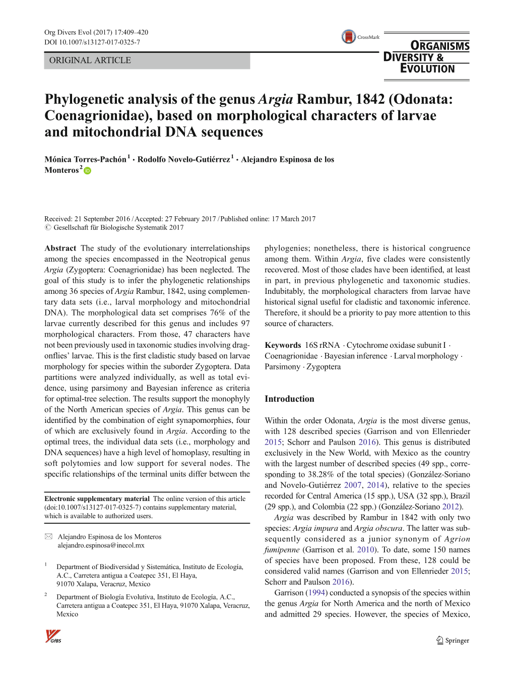 Phylogenetic Analysis of the Genus Argia Rambur, 1842 (Odonata: Coenagrionidae), Based on Morphological Characters of Larvae and Mitochondrial DNA Sequences