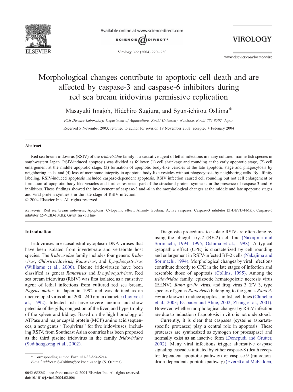 Morphological Changes Contribute to Apoptotic Cell Death and Are Affected by Caspase-3 and Caspase-6 Inhibitors During Red Sea Bream Iridovirus Permissive Replication