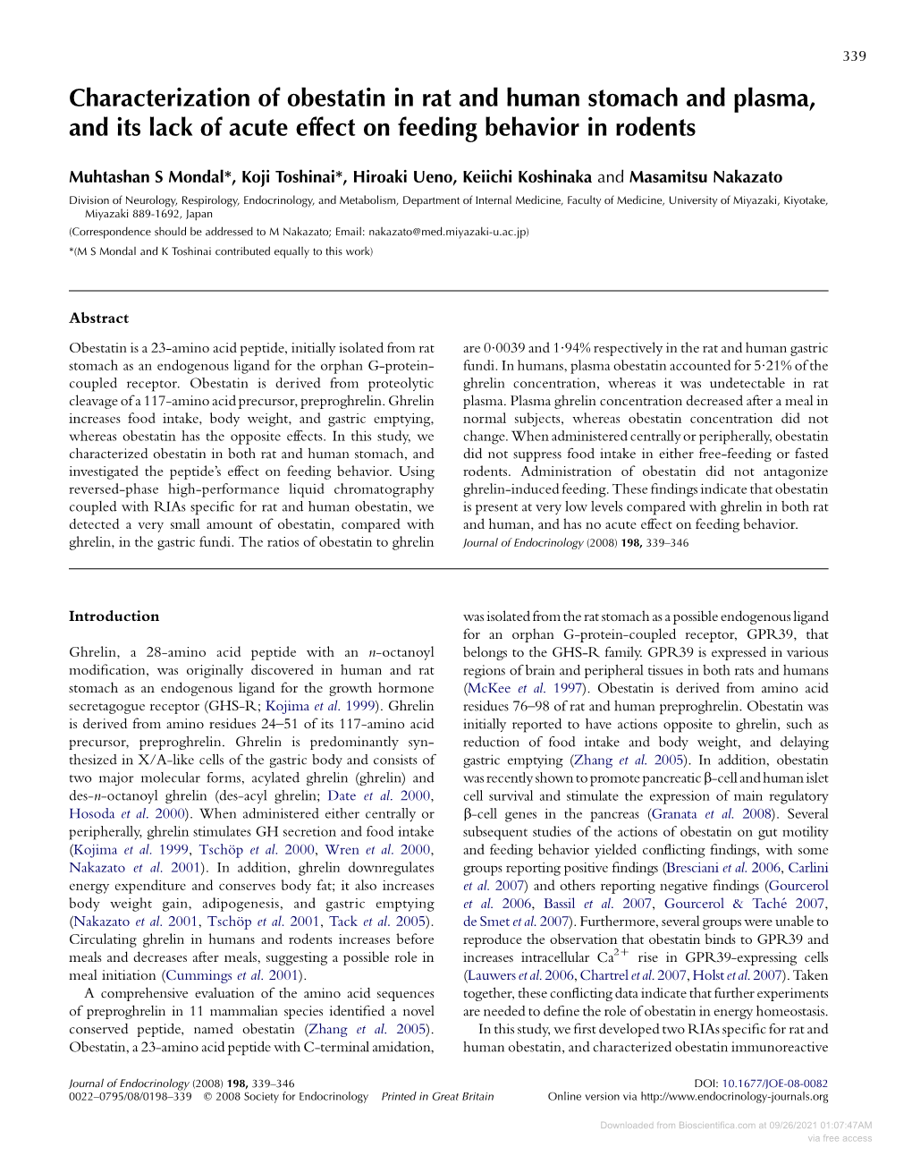 Characterization of Obestatin in Rat and Human Stomach and Plasma, and Its Lack of Acute Effect on Feeding Behavior in Rodents