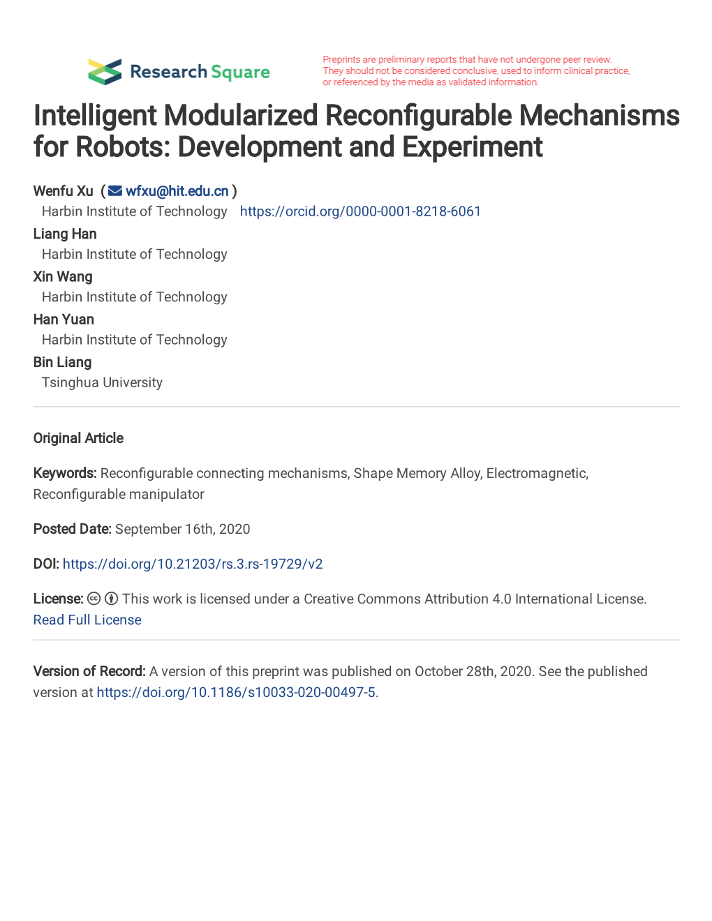 Intelligent Modularized Reconfigurable Mechanisms for Robots: Development and Experiment