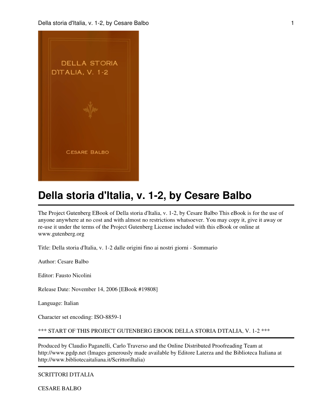 Della Storia D'italia, V. 1-2, by Cesare Balbo 1