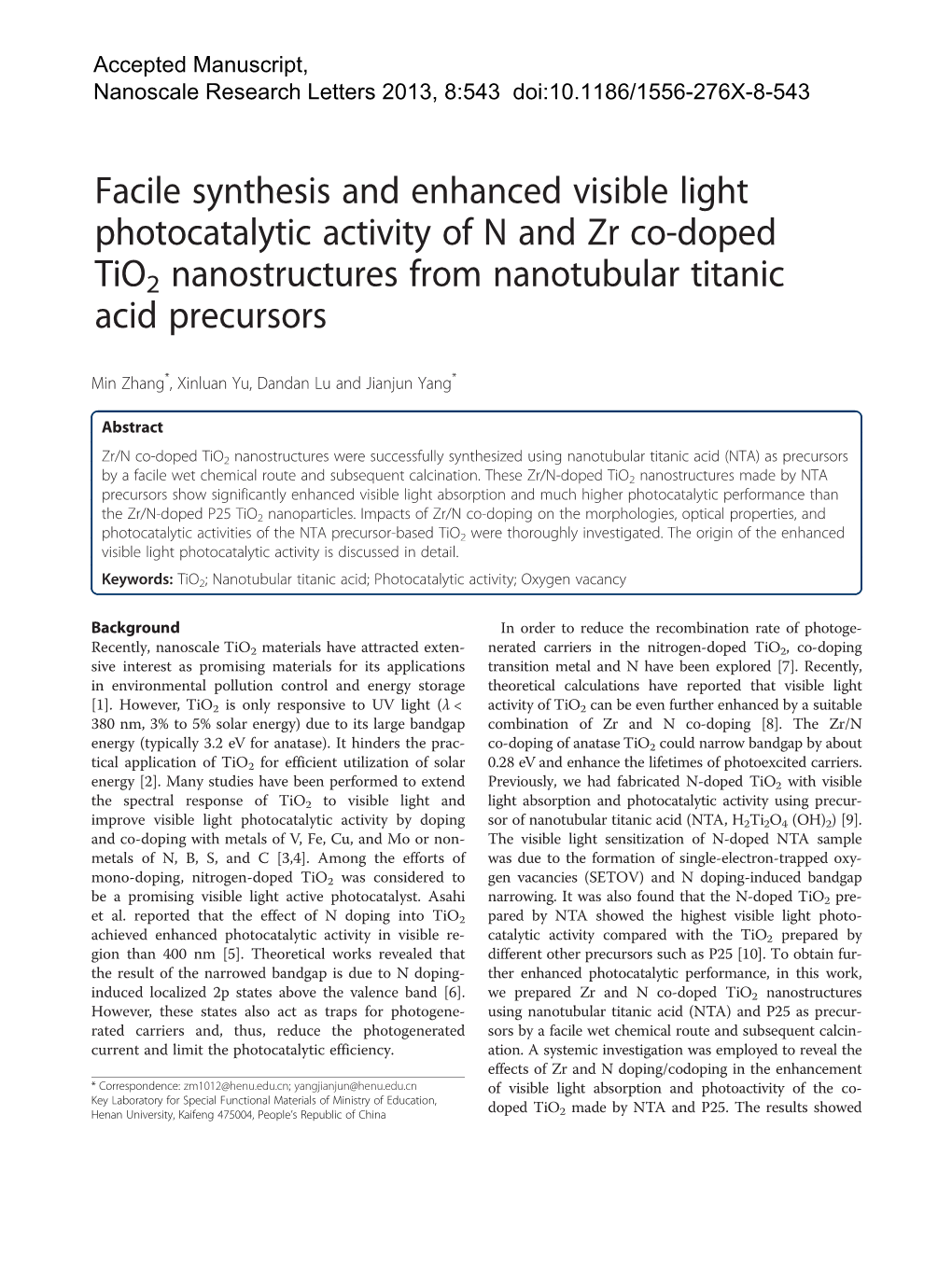 Facile Synthesis and Enhanced Visible Light Photocatalytic Activity of N and Zr Co-Doped Tio2 Nanostructures from Nanotubular Titanic Acid Precursors