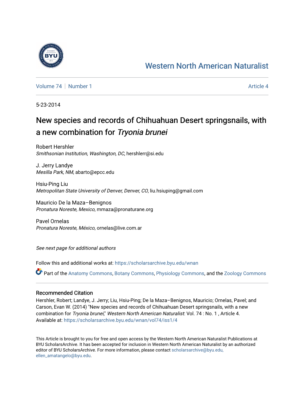 New Species and Records of Chihuahuan Desert Springsnails, with a New Combination for Tryonia Brunei