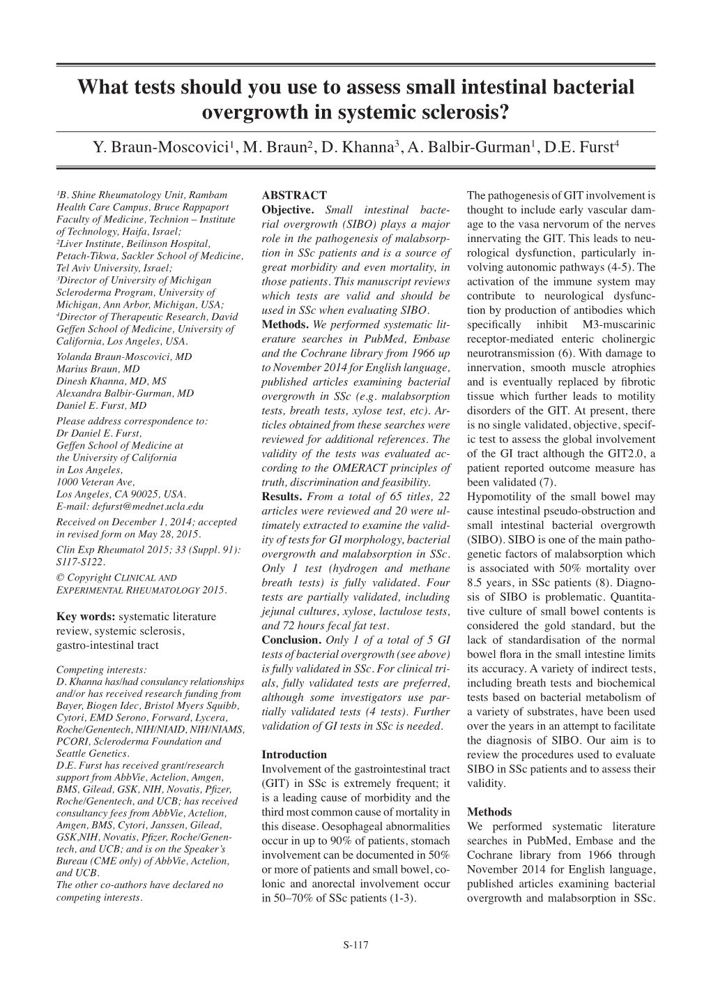 What Tests Should You Use to Assess Small Intestinal Bacterial Overgrowth in Systemic Sclerosis? Y