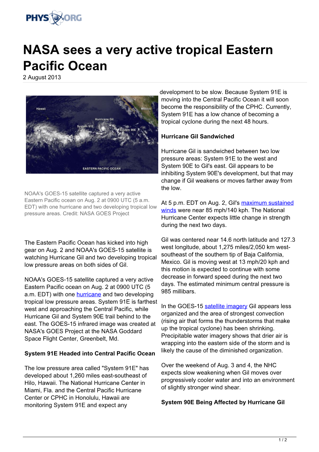 NASA Sees a Very Active Tropical Eastern Pacific Ocean 2 August 2013