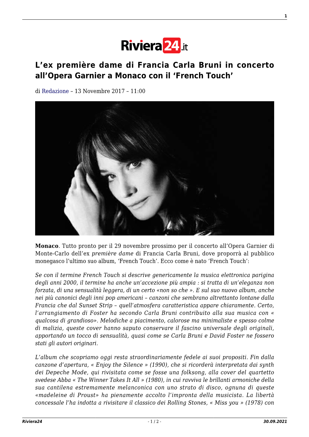 L'ex Première Dame Di Francia Carla Bruni in Concerto All'opera Garnier