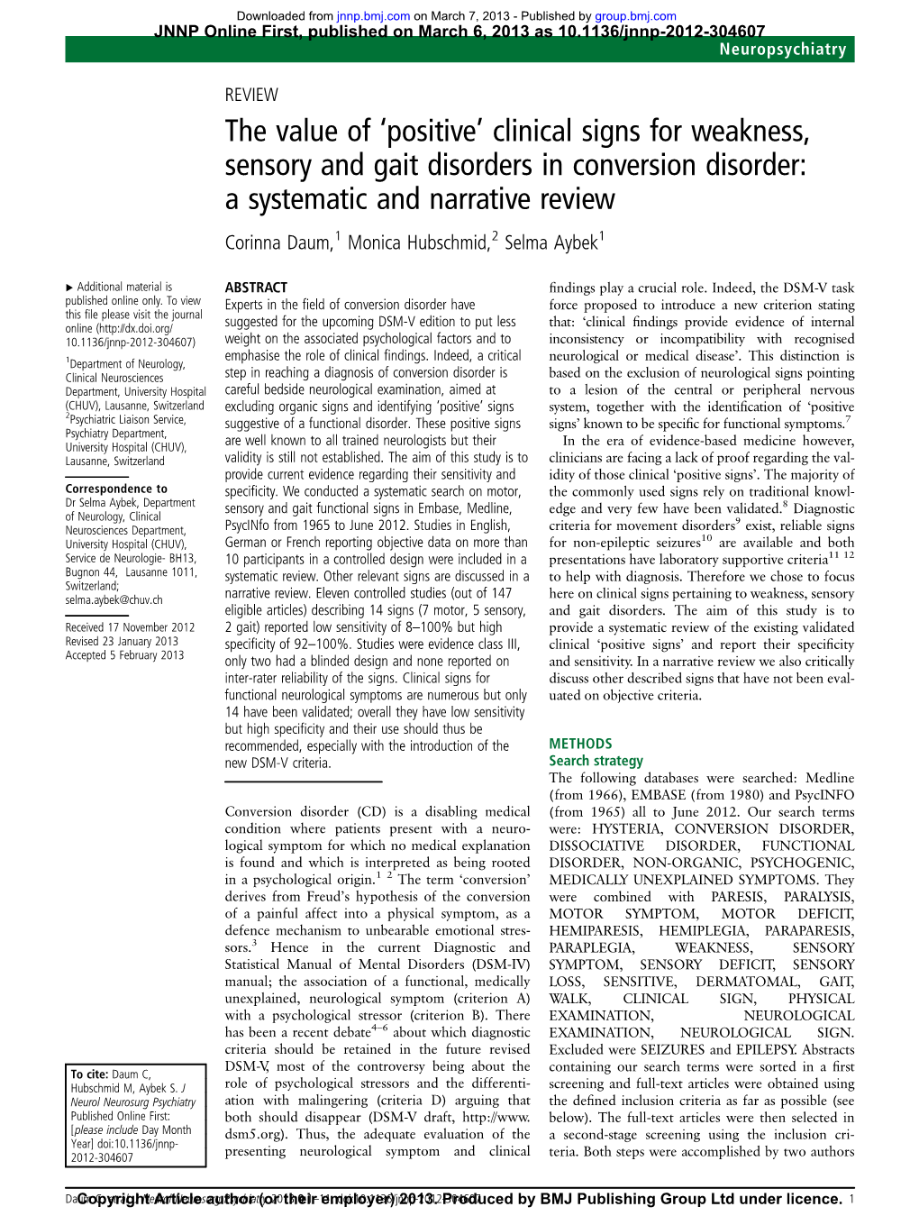 'Positive' Clinical Signs for Weakness, Sensory and Gait Disorders in Conversion Disorder: a Systematic and Narrative Review