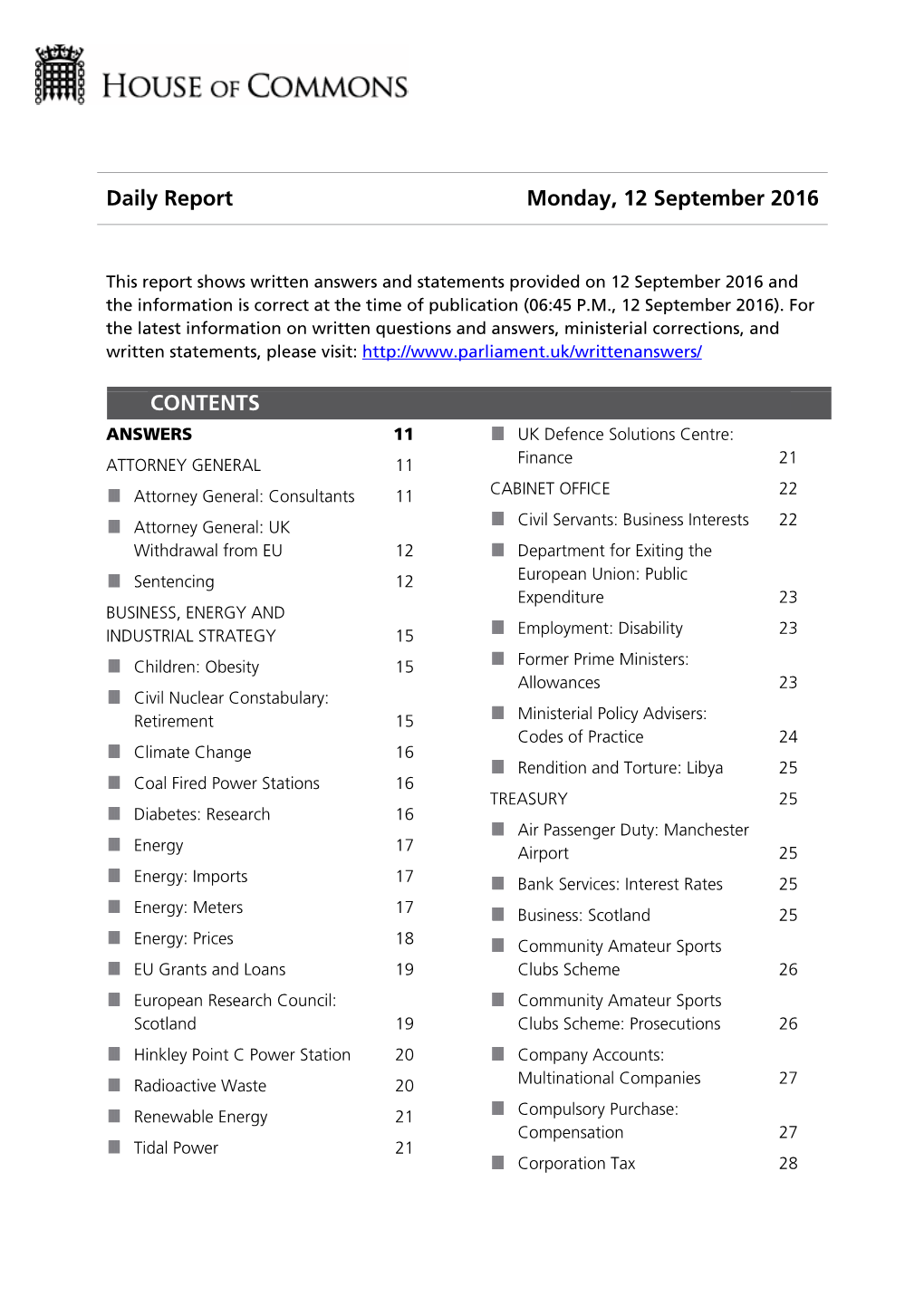 Daily Report Monday, 12 September 2016 CONTENTS