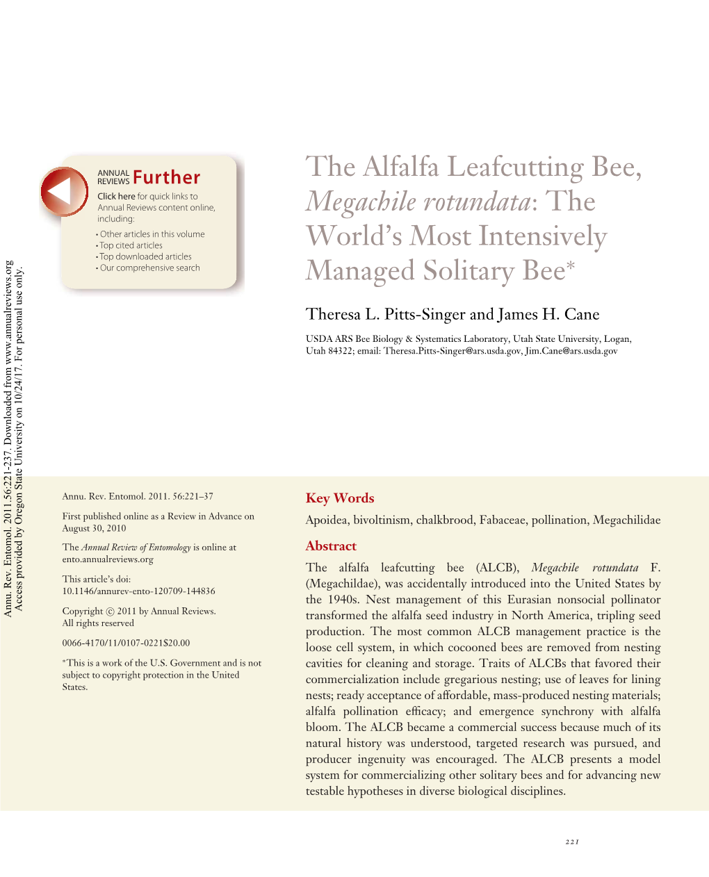 The Alfalfa Leafcutting Bee, Megachile Rotundata:The World’S Most Intensively Managed Solitary Bee∗