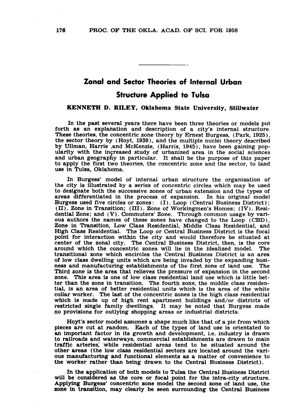 Zonal and Sector Theories of Internal Urban Structure Applied to Tulsa KENNETH D