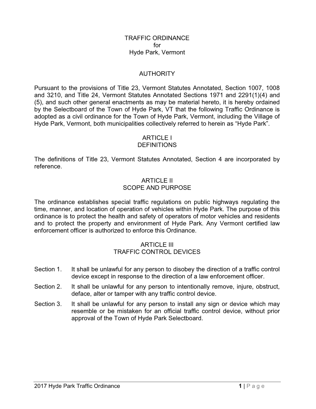 TRAFFIC ORDINANCE for Hyde Park, Vermont