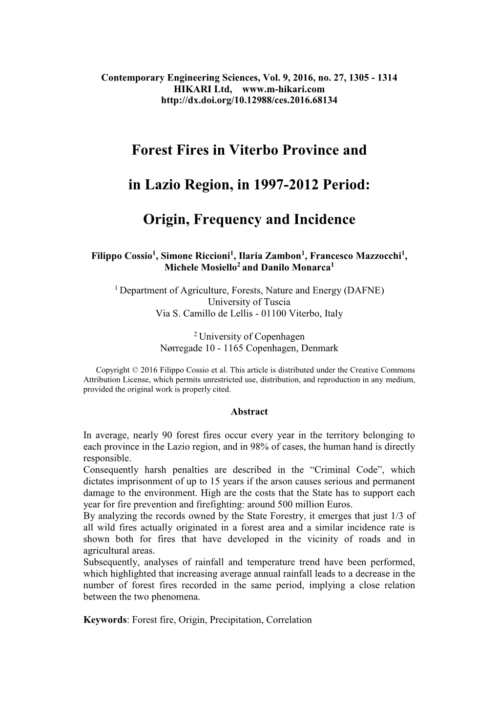 Forest Fires in Viterbo Province and in Lazio Region, in 1997-2012 Period: Origin, Frequency and Incidence