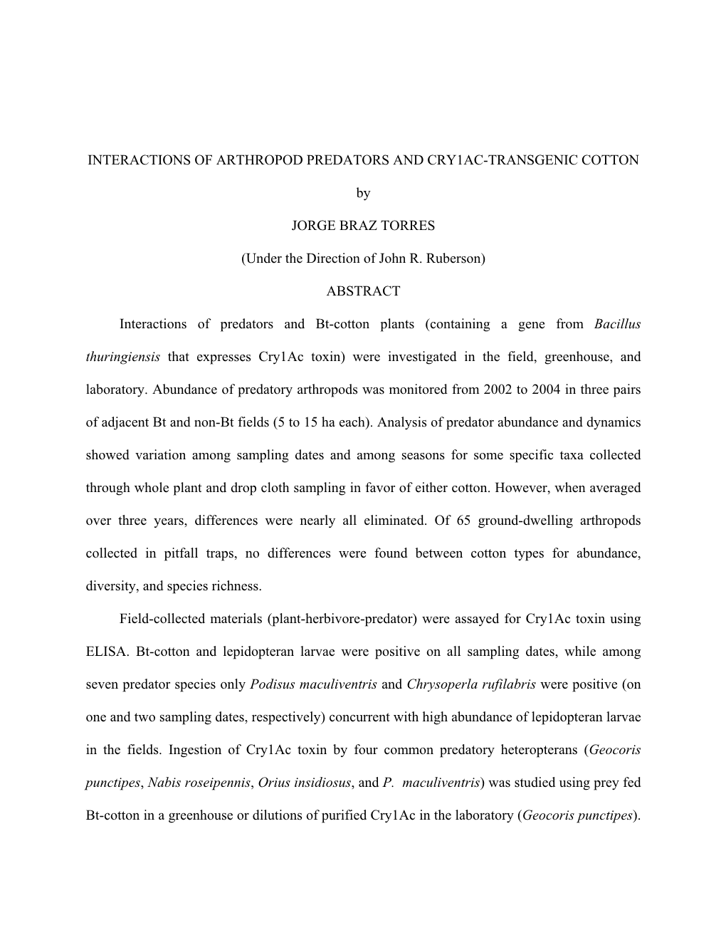 Interactions of Arthropod Predators and Cry1ac-Transgenic Cotton