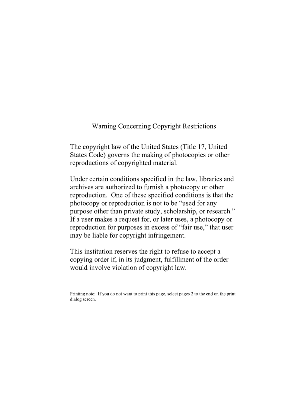 Warning Concerning Copyright Restrictions the Copyright Law Of