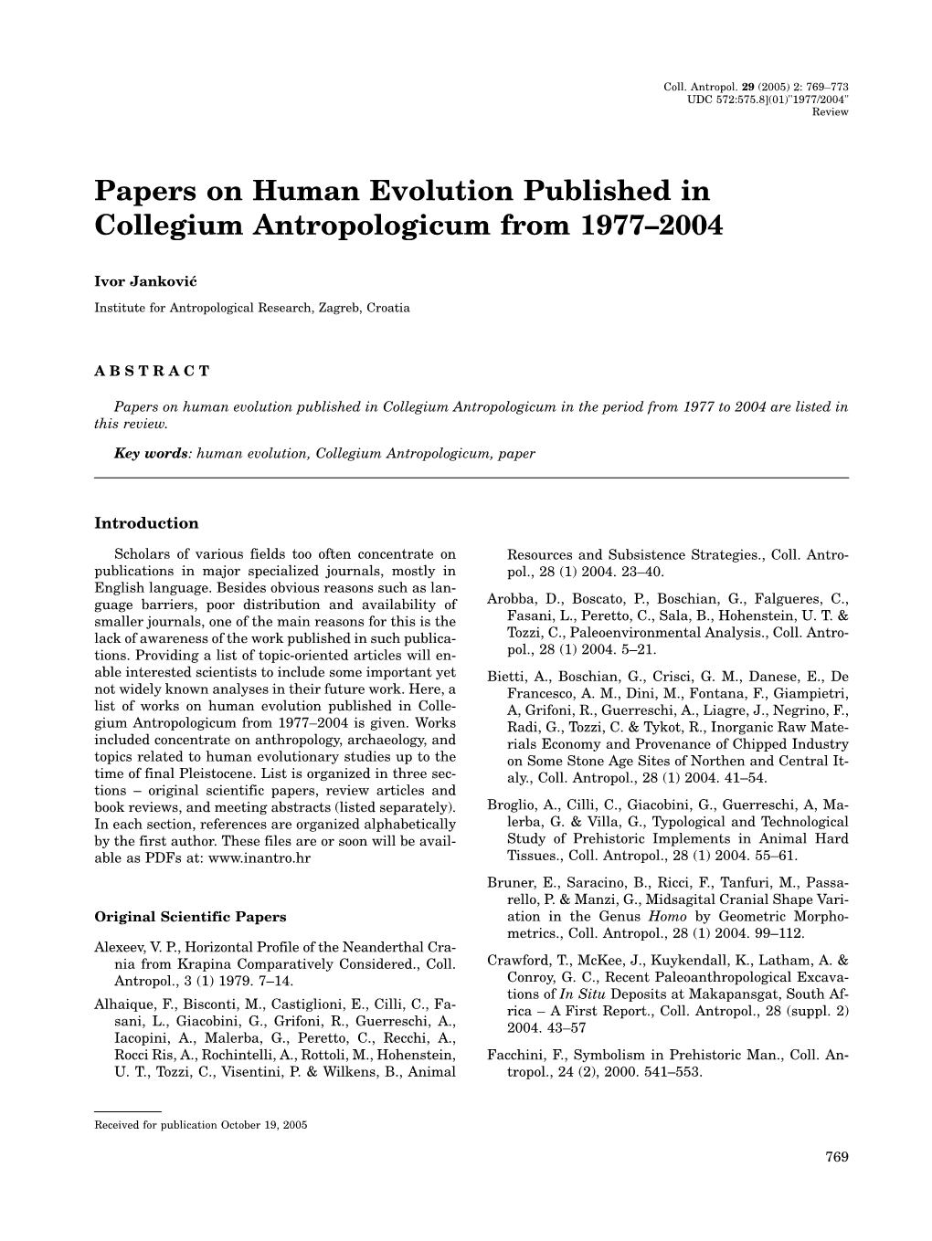 Papers on Human Evolution Published in Collegium Antropologicum from 1977–2004