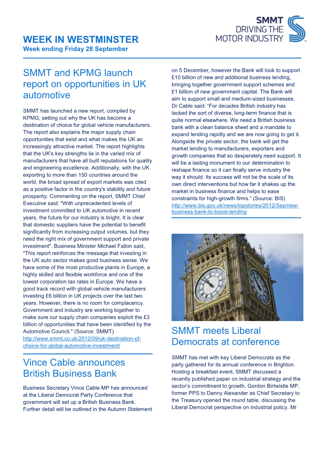 WEEK in WESTMINSTER SMMT and KPMG Launch Report On