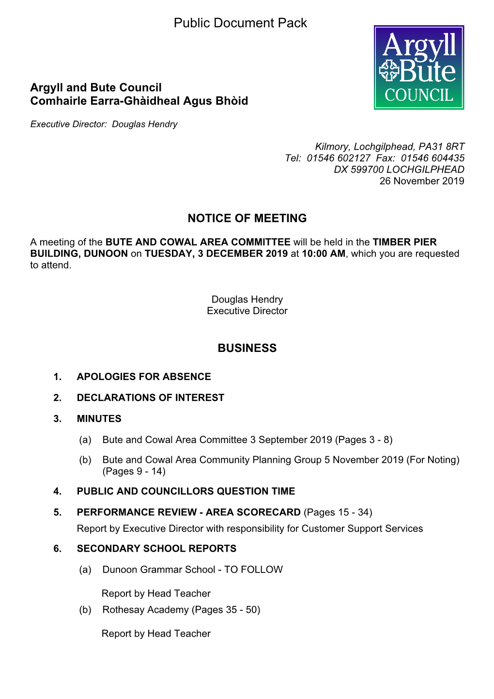 (Public Pack)Agenda Document for Bute and Cowal Area Committee