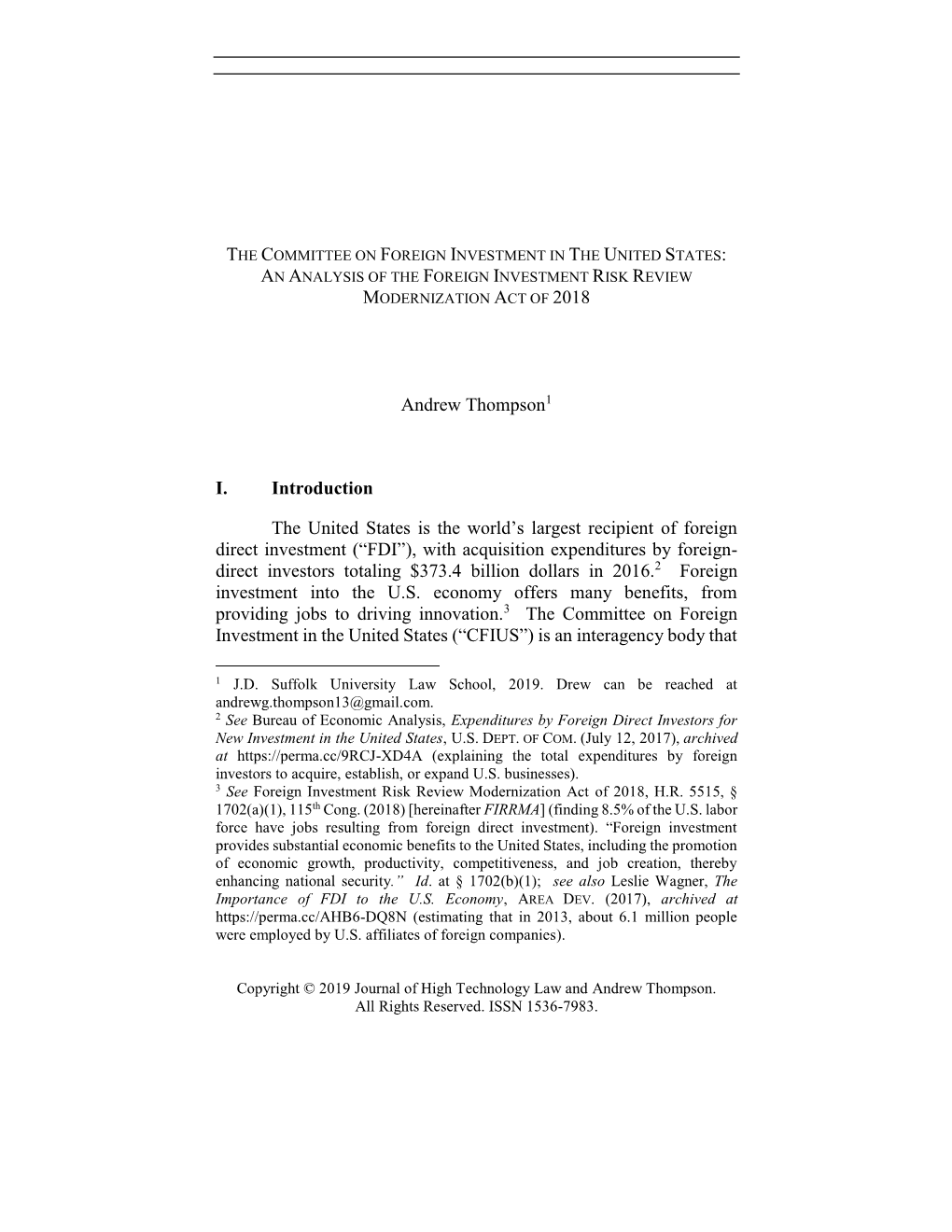 The Committee on Foreign Investment in the United States: an Analysis of the Foreign Investment Risk Review Modernization Act of 2018