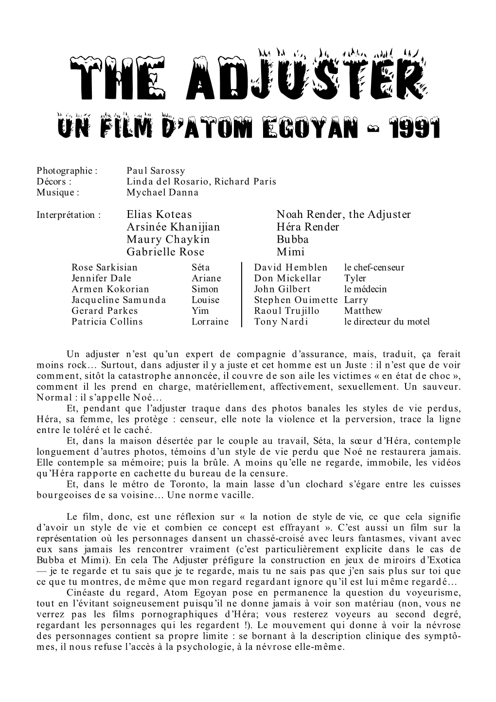 The Adjuster Un Film D’Atom Egoyan — 1991