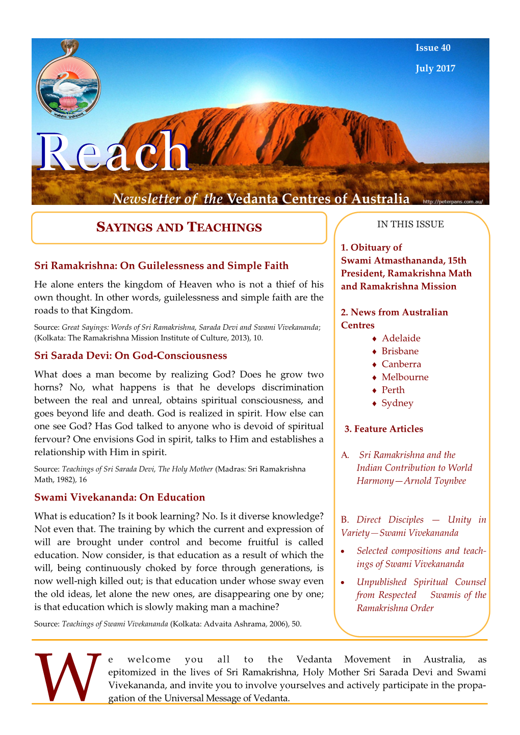 Reachreach Newsletter of the Vedanta Centres of Australia