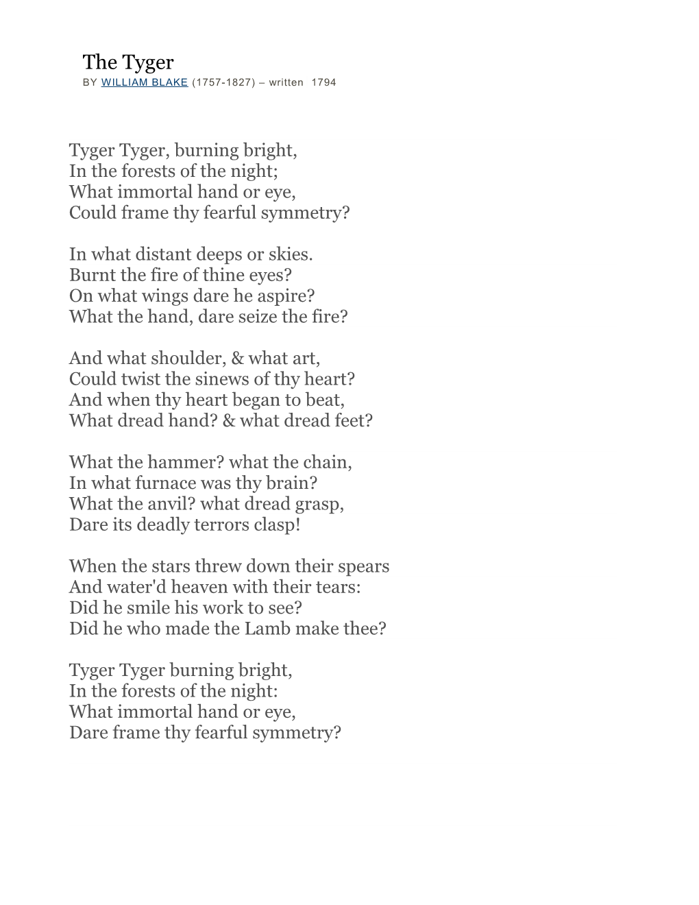 Tyger Tyger, Burning Bright