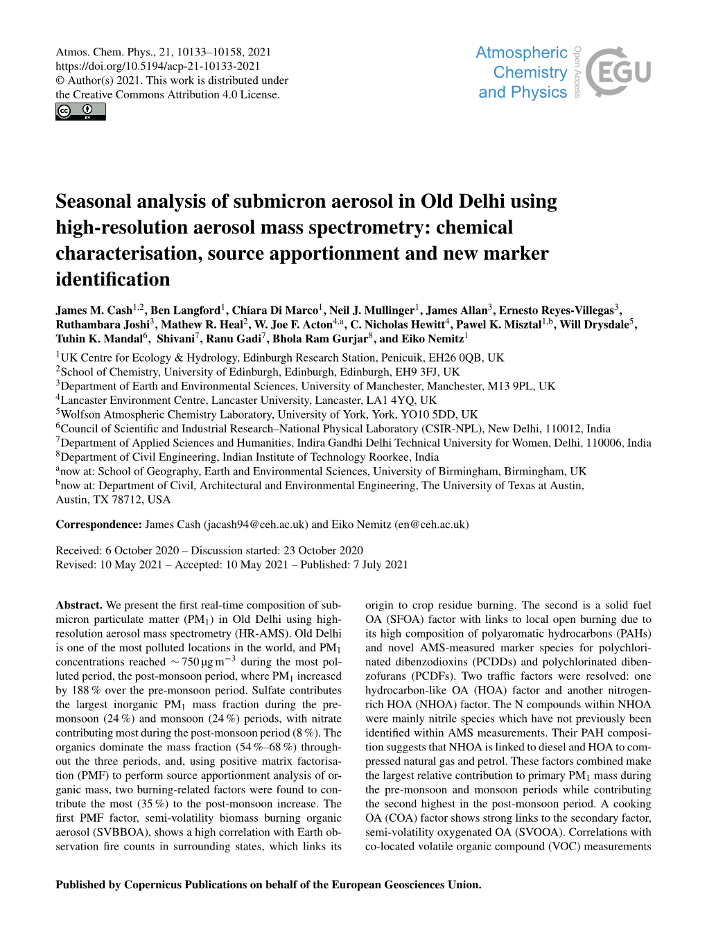 Seasonal Analysis of Submicron Aerosol in Old Delhi Using High