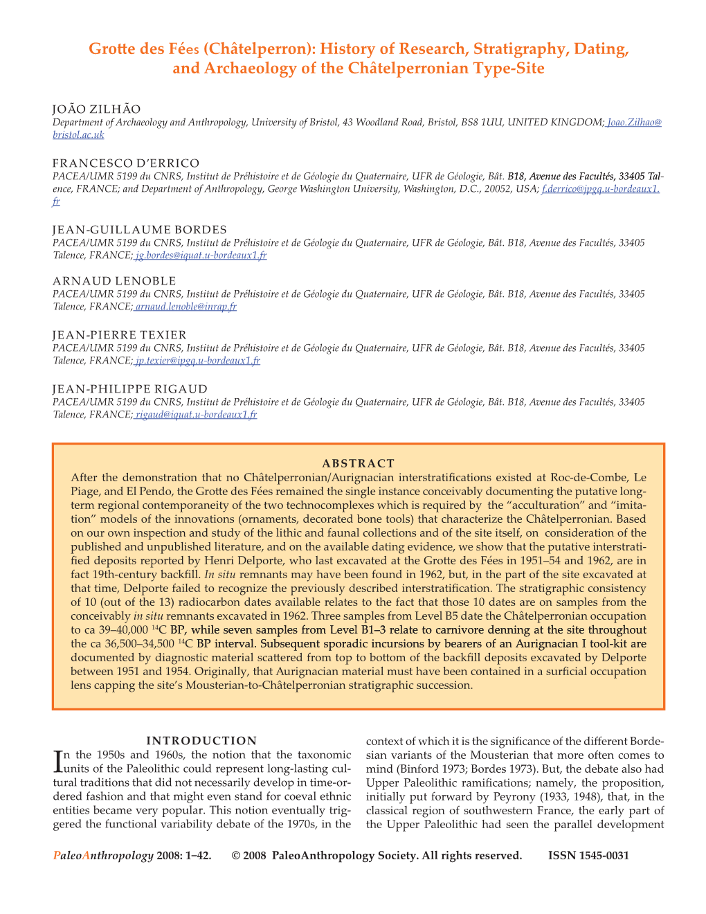 Grotte Des Fées (Châtelperron): History of Research, Stratigraphy, Dating, and Archaeology of the Châtelperronian Type-Site