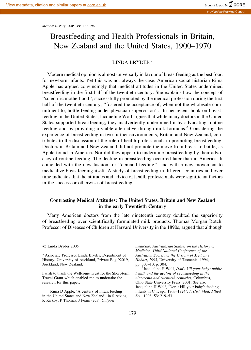 Breastfeeding and Health Professionals in Britain, New Zealand and the United States, 1900–1970