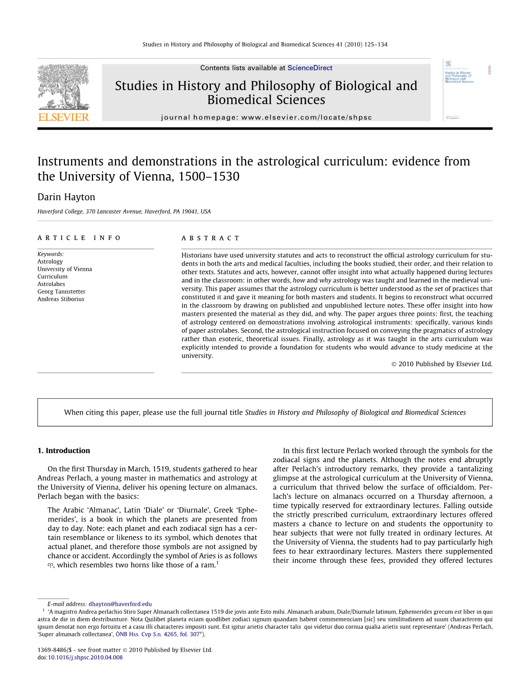 Instruments and Demonstrations in the Astrological Curriculum: Evidence from the University of Vienna, 1500–1530