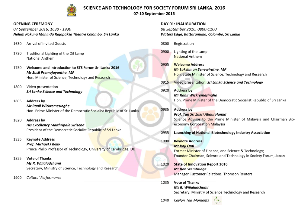 SCIENCE and TECHNOLOGY for SOCIETY FORUM SRI LANKA, 2016 07-10 September 2016