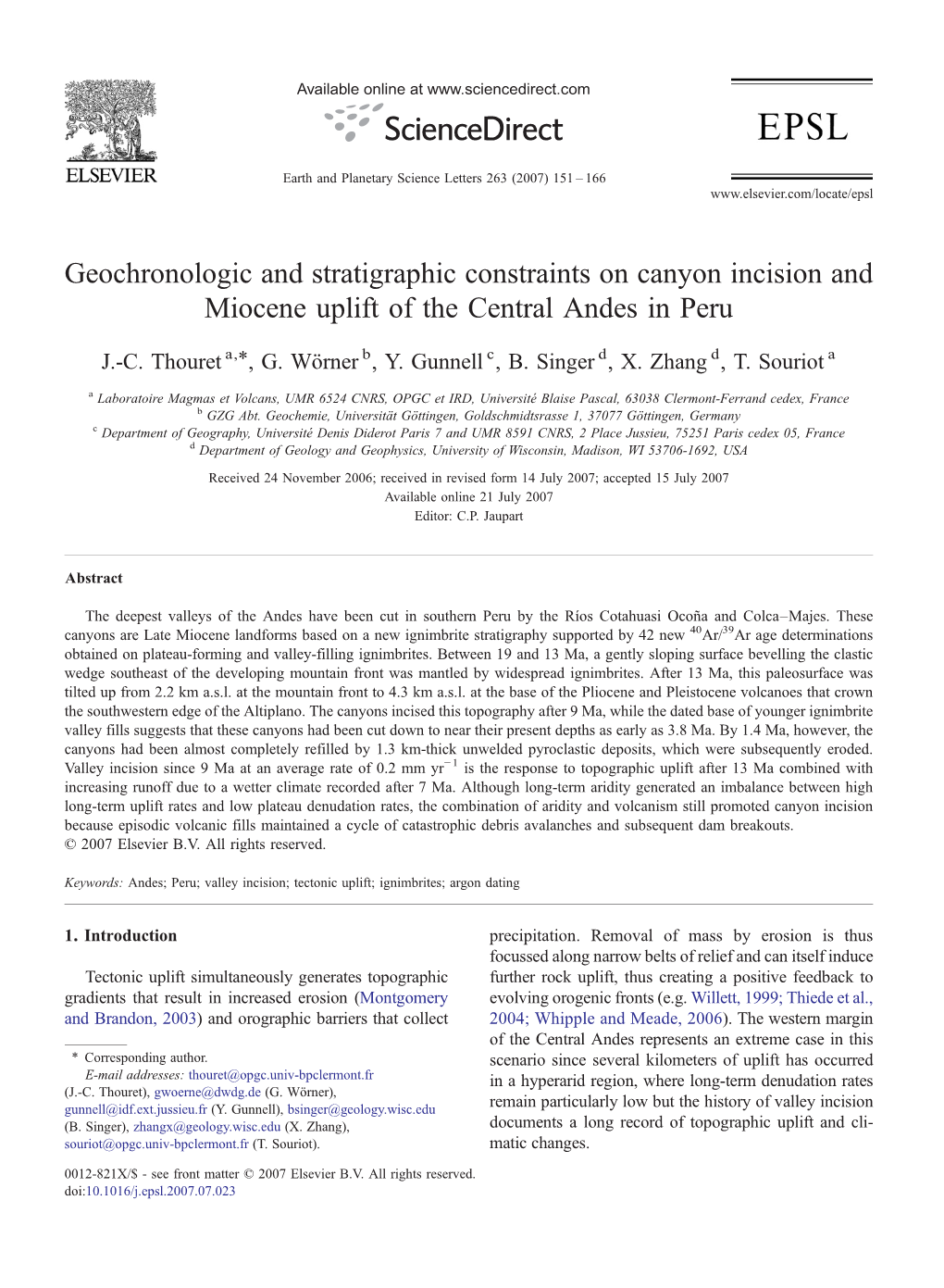 Geochronologic and Stratigraphic Constraints on Canyon Incision and Miocene Uplift of the Central Andes in Peru ⁎ J.-C