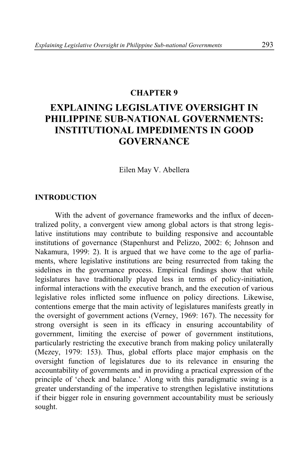 Explaining Legislative Oversight in Philippine Sub-National Governments 293