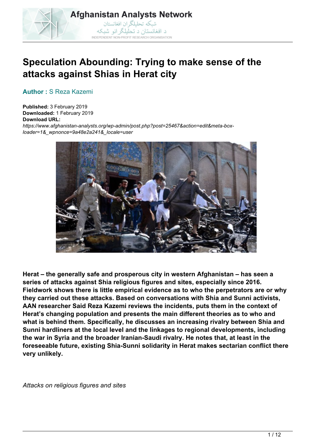 Trying to Make Sense of the Attacks Against Shias in Herat City