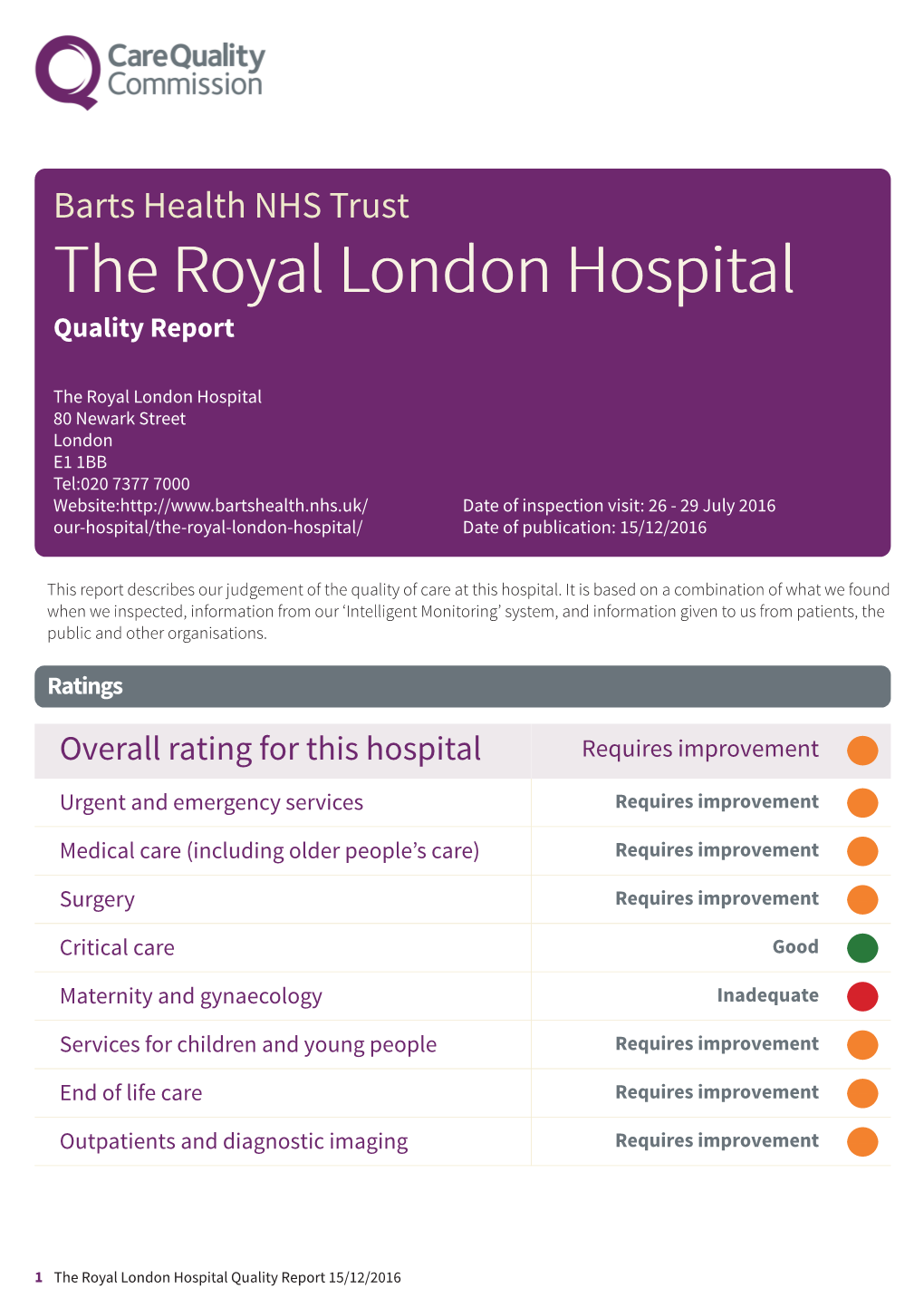 Barts Health NHS Trust the Royal London Hospital Quality Report