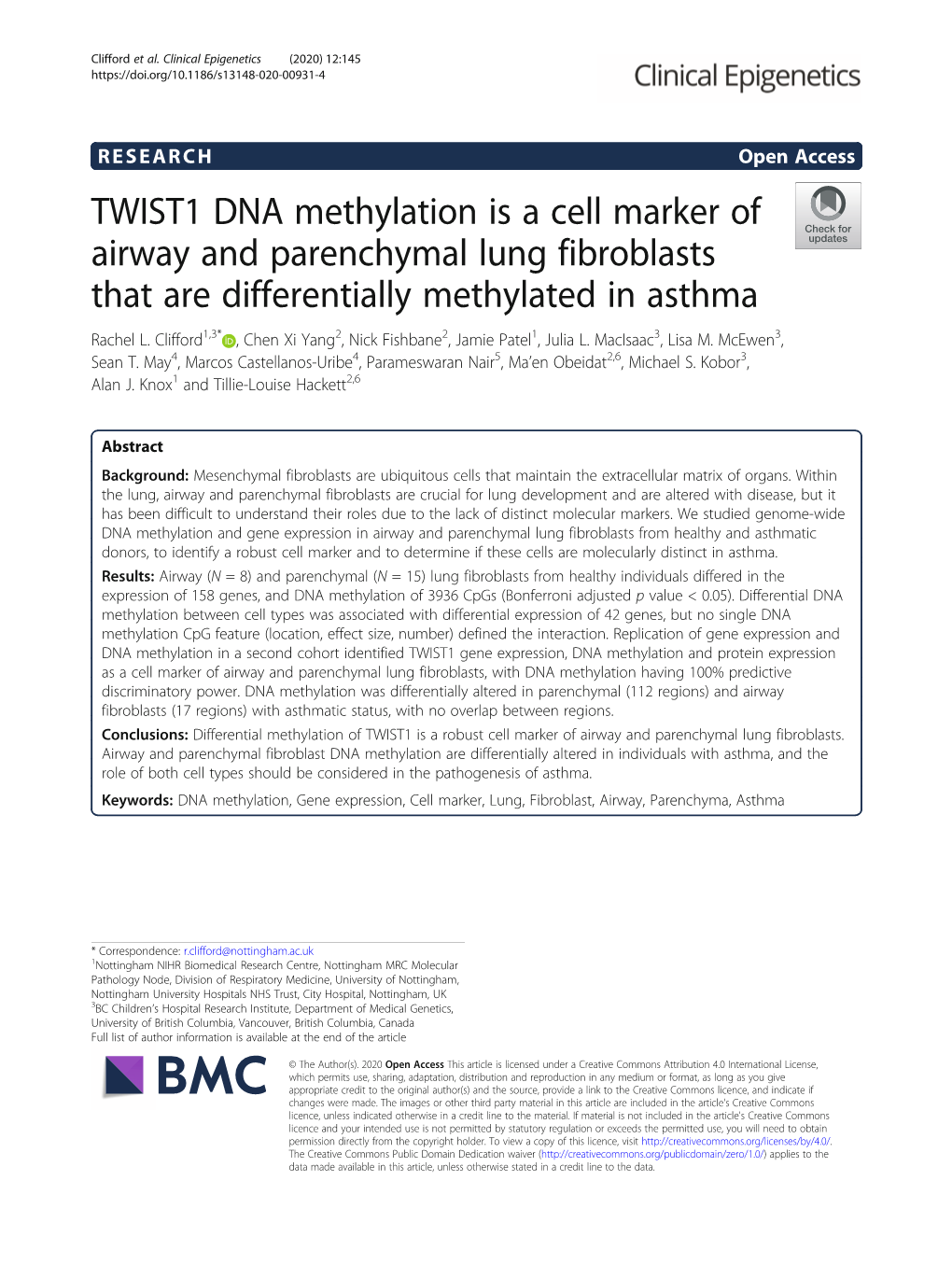 TWIST1 DNA Methylation Is a Cell Marker of Airway and Parenchymal Lung Fibroblasts That Are Differentially Methylated in Asthma Rachel L