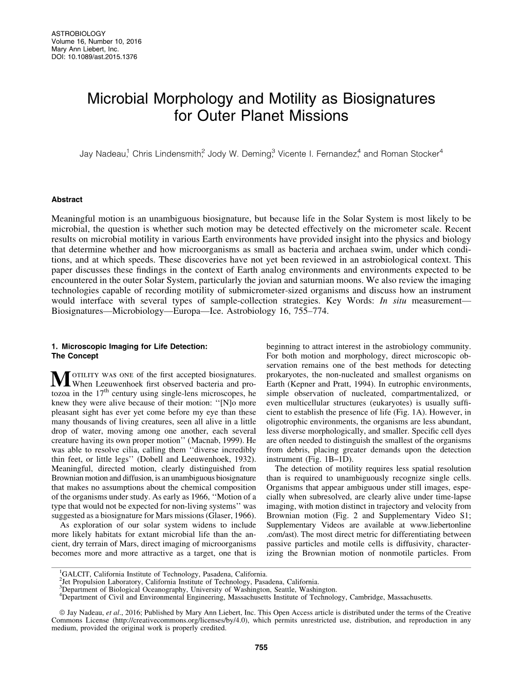 Microbial Morphology and Motility As Biosignatures for Outer Planet Missions