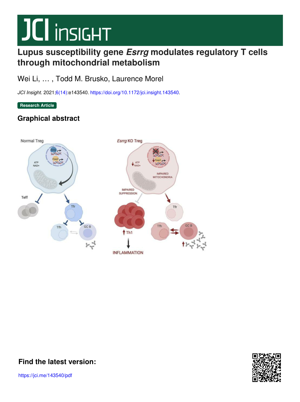 Lupus Susceptibility Gene Esrrg Modulates Regulatory T Cells Through Mitochondrial Metabolism