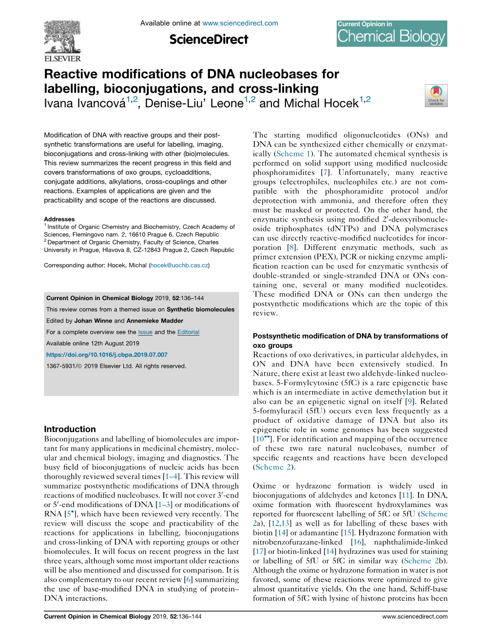 Reactive Modifications of DNA Nucleobases for Labelling