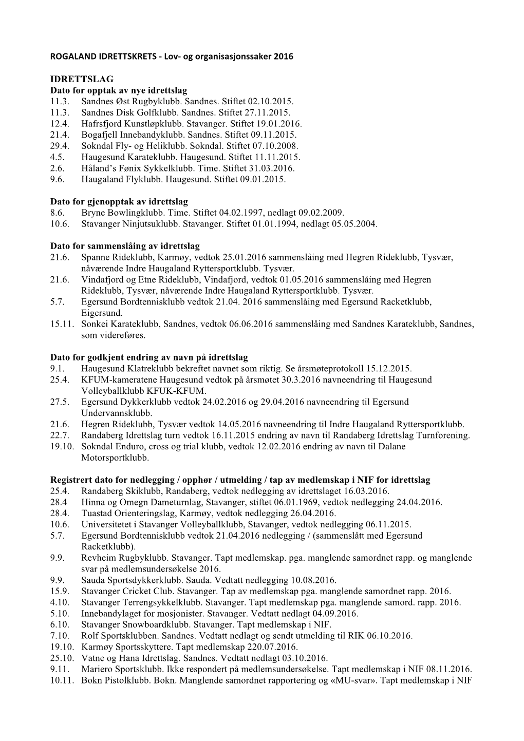 Lov-‐ Og Organisasjonssaker 2016 IDRETTSLAG Dato for Opptak Av