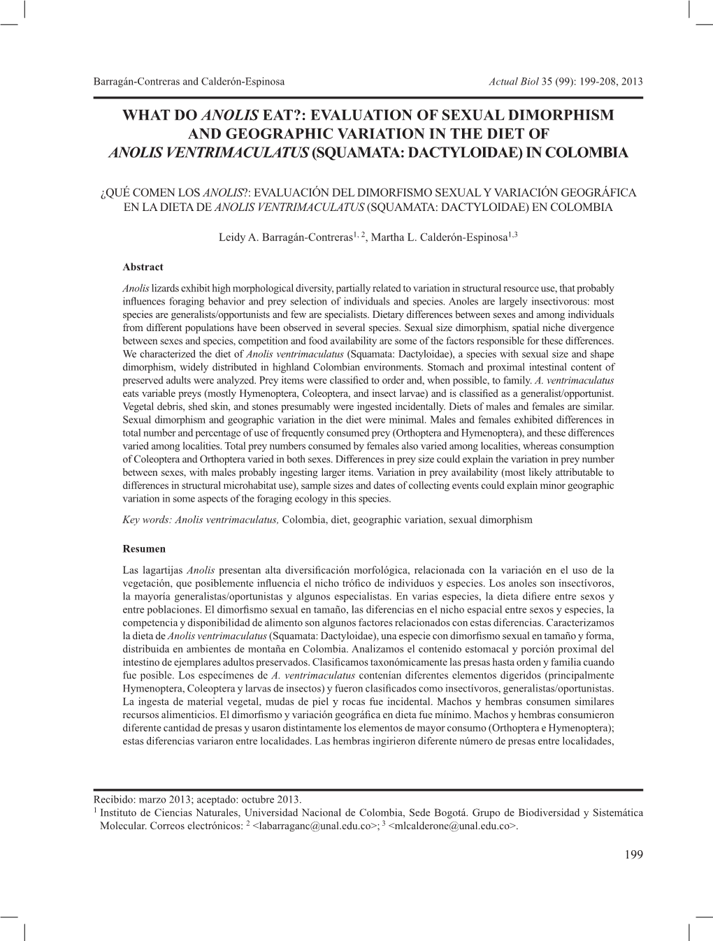 What Do Anolis Eat?: Evaluation of Sexual Dimorphism and Geographic Variation in the Diet of Anolis Ventrimaculatus (Squamata: Dactyloidae) in Colombia