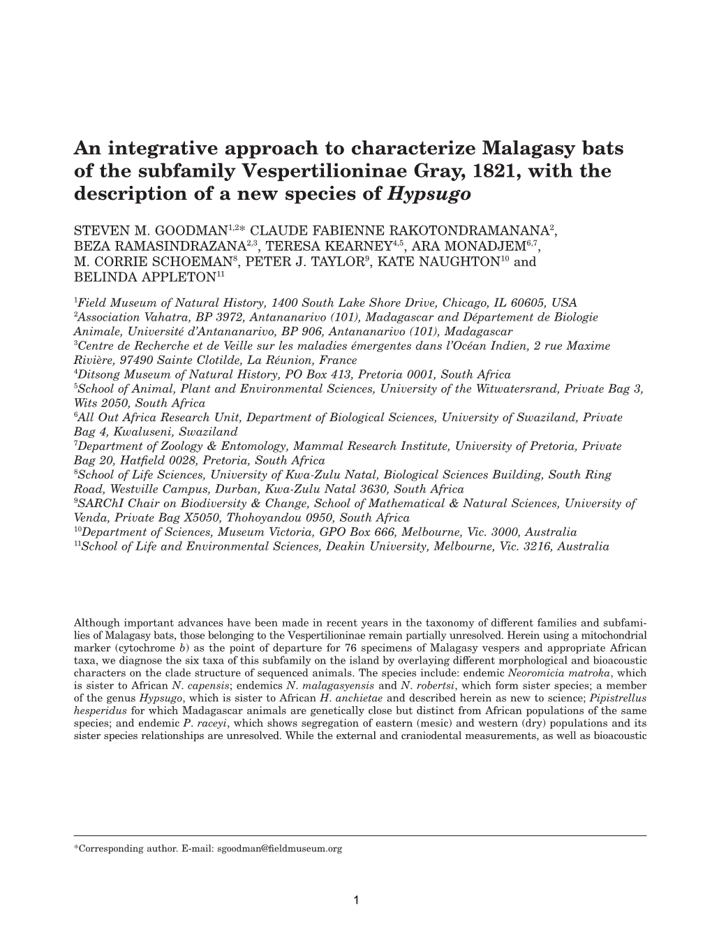 An Integrative Approach to Characterize Malagasy Bats of the Subfamily Vespertilioninae Gray, 1821, with the Description of a New Species of Hypsugo