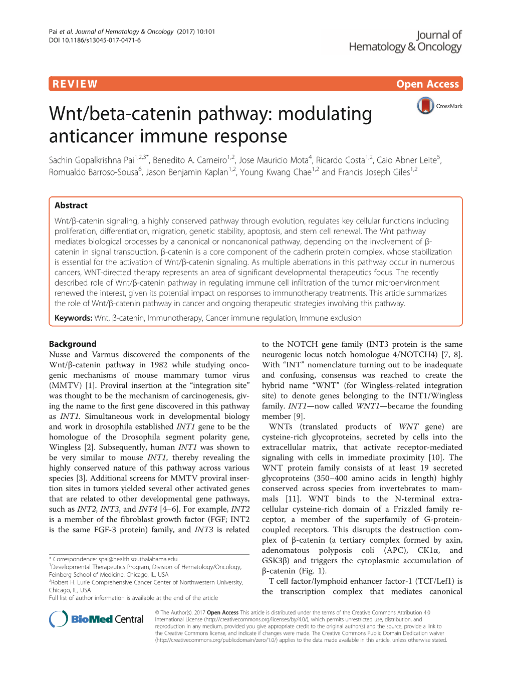 Wnt/Beta-Catenin Pathway: Modulating Anticancer Immune Response Sachin Gopalkrishna Pai1,2,3*, Benedito A