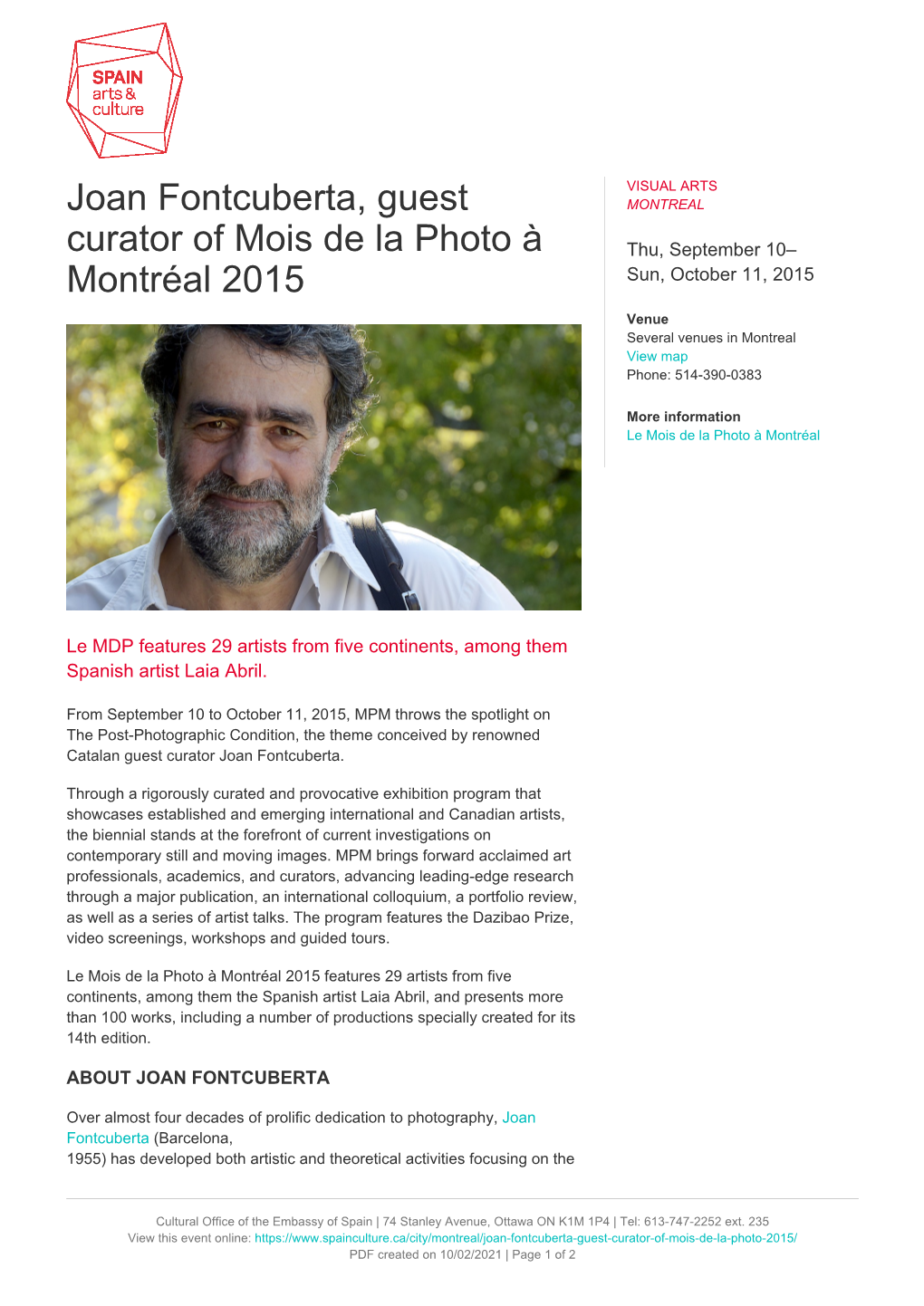 Joan Fontcuberta, Guest Curator of Mois De La Photo À Montréal 2015