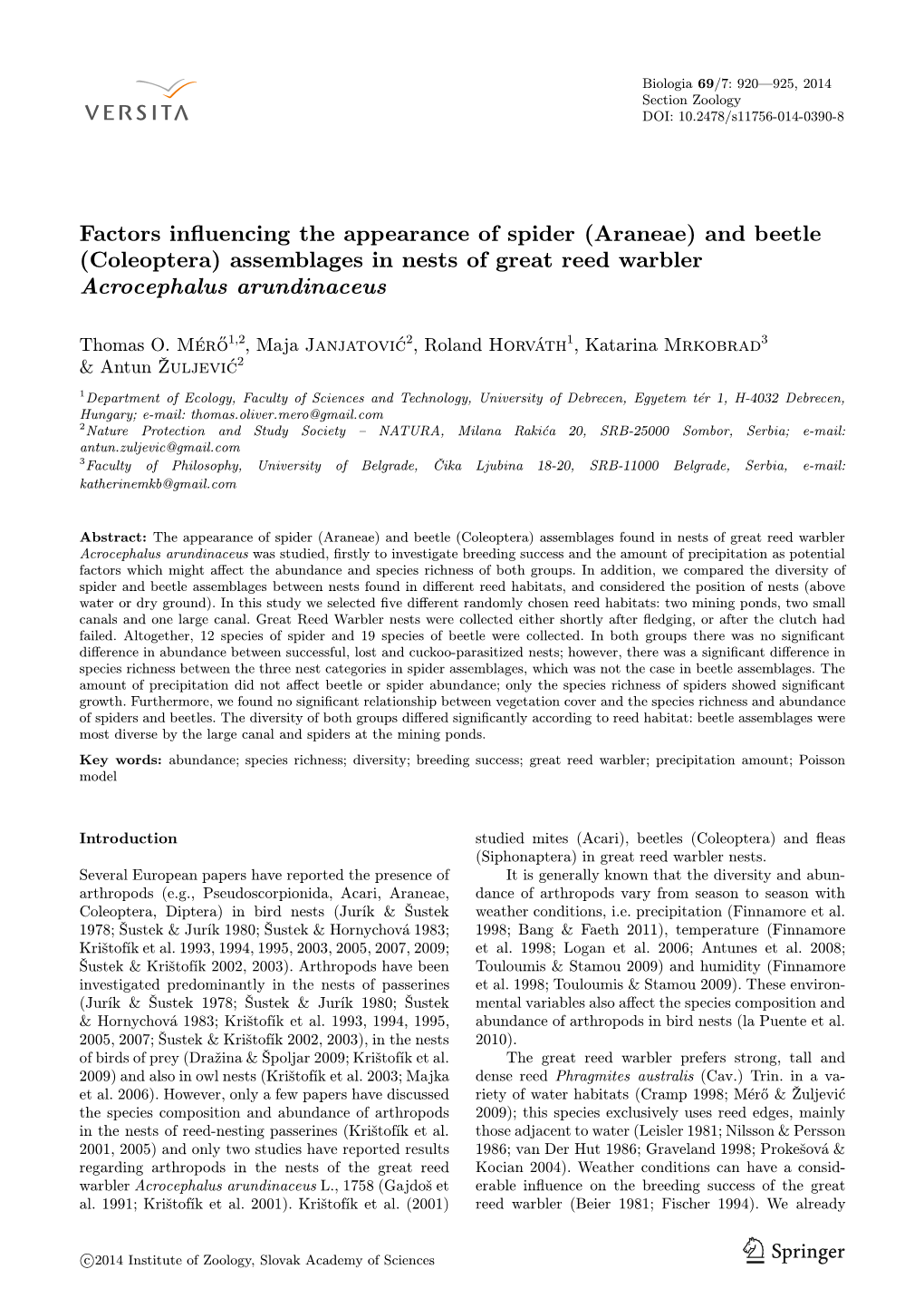 (Coleoptera) Assemblages in Nests of Great Reed Warbler Acrocephalus Arundinaceus