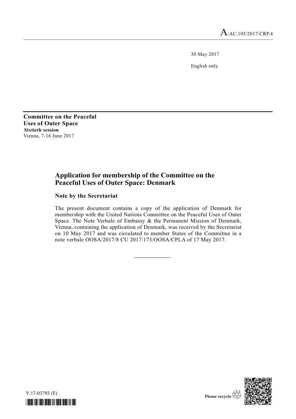Application for Membership of the Committee on the Peaceful Uses of Outer Space: Denmark