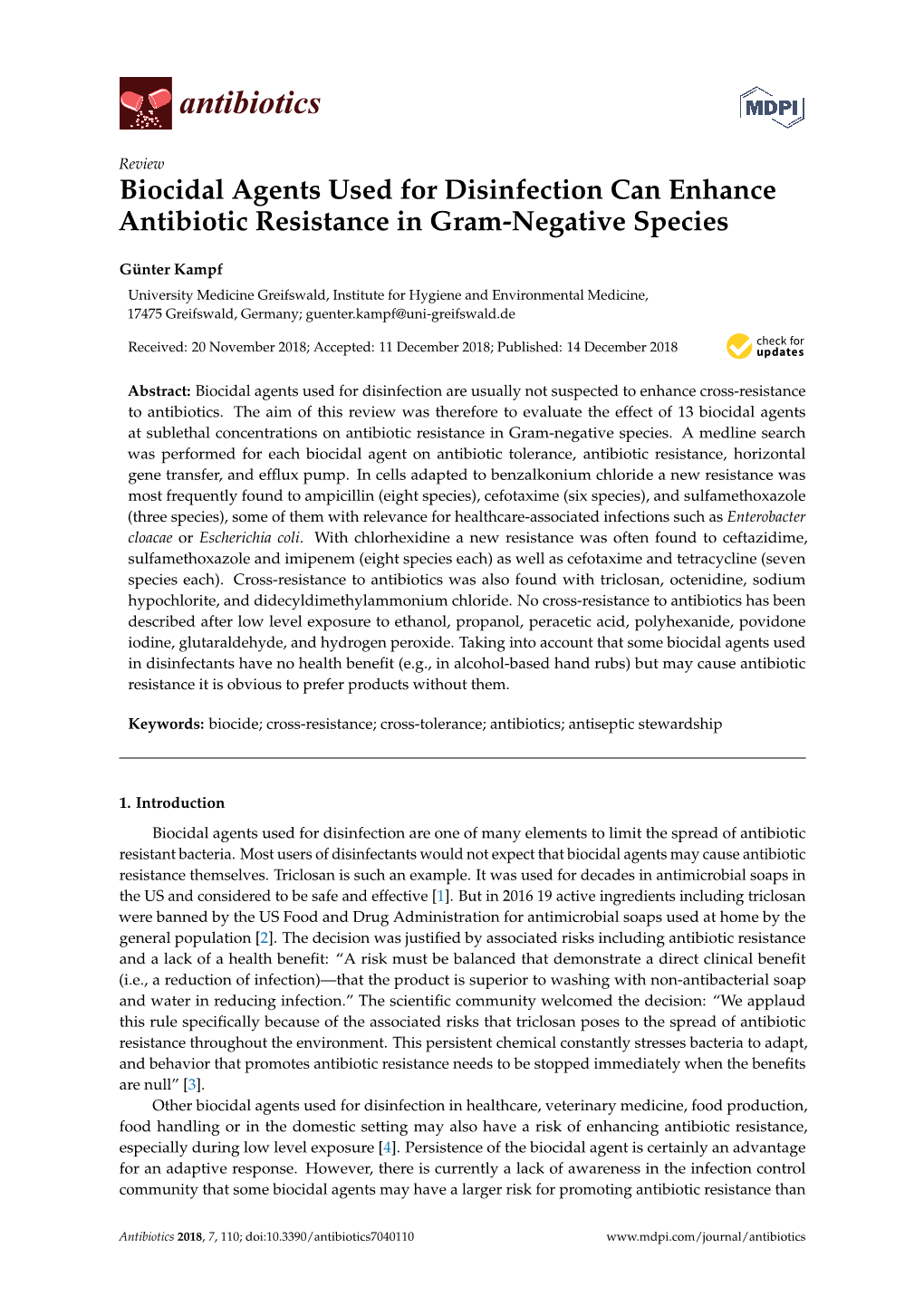 Biocidal Agents Used for Disinfection Can Enhance Antibiotic Resistance in Gram-Negative Species