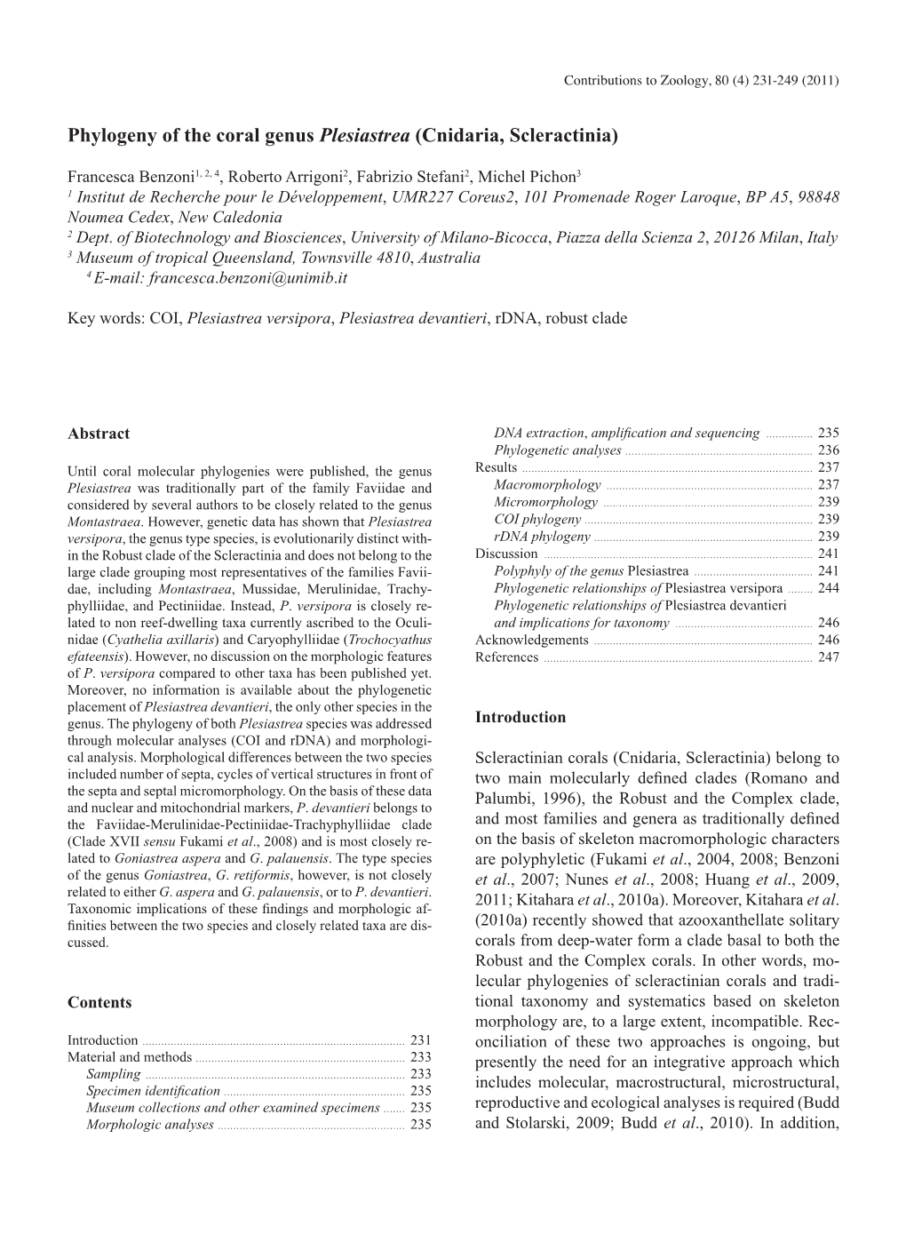 Phylogeny of the Coral Genus Plesiastrea (Cnidaria, Scleractinia)